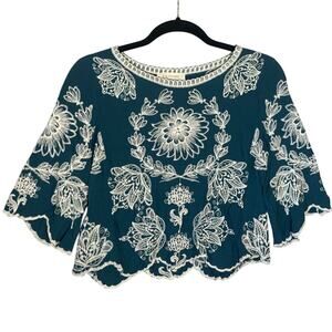 Solitaire Anthropologie Sz S Embroidered 3/4 Sleeve‎ Top Scallop Hem Bohemian